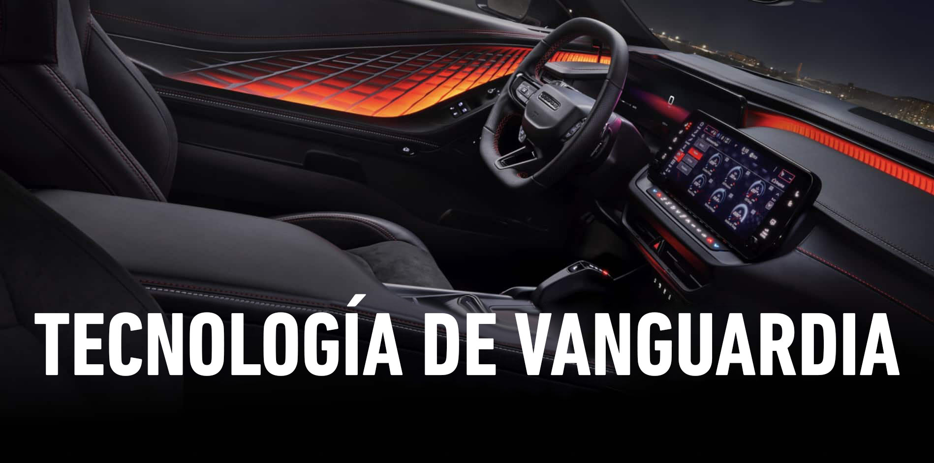 La primera fila del Dodge Charger Scat Pack 2027 con los paneles de las puertas y el tablero iluminados con una luz naranja rojiza intensa y un patrón texturizado tridimensional. Tecnología de vanguardia.